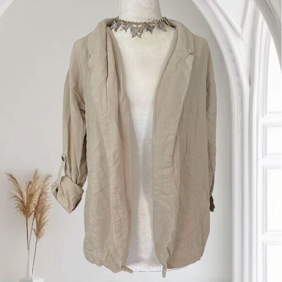 Active USA Early 2000's Open Front Cream Nude Linen Blazer Jacket S - Picture 1 of 8